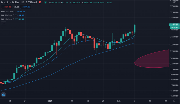 Bitcoin Tageschart log 080221 Allzeithoch
